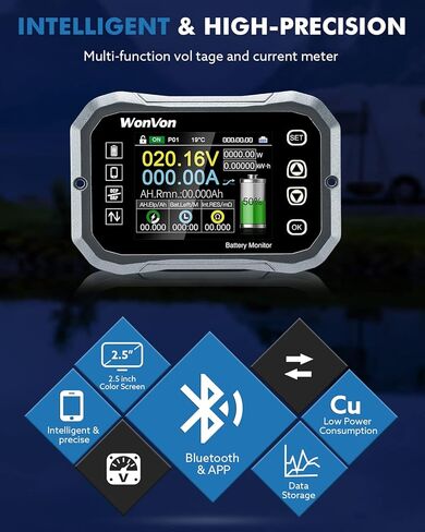 شاشة بطارية WonVon مع تحويلة، شاشة بطارية 600A 0V-120V لبطارية اللوحة الشمسية لعربة الجولف للدراجات النارية RV مع شاشة LCD، شاشة الفولتميتر للطاقة بنسبة مئوية من السعة، تدعم الفولت العالي/المنخفض in Kuwait