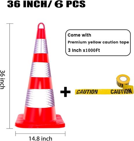 Zonegrace 6 Pack Traffic Safety Cones 36 inch with Reflective Collars, PVC Orange Safety Parking Cones for Traffic Control,Driveway,Road,Street, Free Yellow Caution Tape 3-inch x 1000 feet in Kuwait