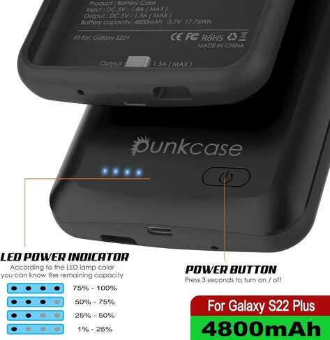PunkJuice S22 Plus Portable Charger Case, 4800mAh Extended Power Bank | IntelSwitch | Slim, Secure and Reliable Battery Backup for Galaxy S22 Plus 5G (6.6") (2022) [Black] in Saudi Arabia