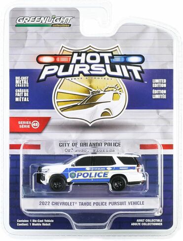 2022 Chevy Tahoe Police Pursuit Vehicle (PPV) White with Blue Stripes City of Orlando Police - Orlando, Florida Hot Pursuit Series 45 1/64 Diecast Model Car by Greenlight 43030E in Saudi Arabia