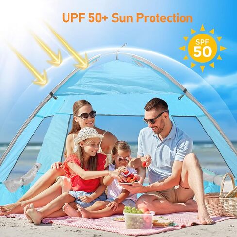 2 Person Pop Up Beach Tent, Anti-UV Beach Shelter, Easy Step Up, 3 Mesh Windows and 6 Sandy Bags, Keep Your Beach Trip Cool(Light Blue) in Kuwait