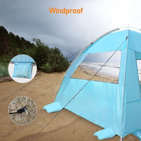 2 Person Pop Up Beach Tent, Anti-UV Beach Shelter, Easy Step Up, 3 Mesh Windows and 6 Sandy Bags, Keep Your Beach Trip Cool(Light Blue) in Kuwait