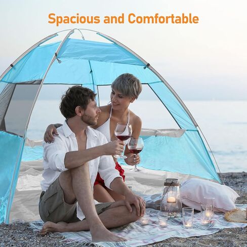 2 Person Pop Up Beach Tent, Anti-UV Beach Shelter, Easy Step Up, 3 Mesh Windows and 6 Sandy Bags, Keep Your Beach Trip Cool(Light Blue) in Kuwait