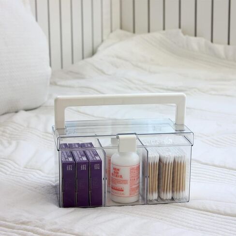 BangQiao Clear Small Plastic Storage Box with Handle, Hinged Lid and 3 Adjustable Compartments, Portable Organizer Case for Sewing, Stationery, Chalk, Art&Craft Supplies, Makeup, First Aid Kit in Kuwait