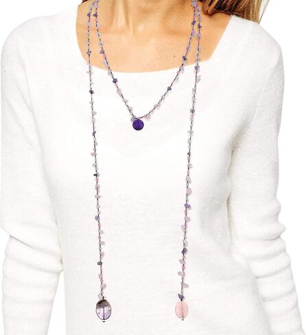 AeraVida Long Lariat Wrap Multi-Wear Pink Glass & Purple Mix Stones Beaded Necklace | Long Beaded Wrap Necklace for Women | Purple and Pink Bead Necklaces | Cotton Wrap Rope Necklace in Saudi Arabia