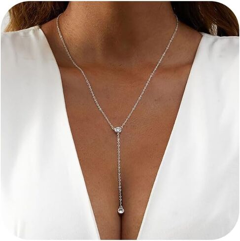 Lariat Necklace for Women,Dainty Gold/Silver Drop Y Chain Necklace Dangle Long Necklace Simple Fashion Jewelry Gift | Cubic Zirconia Necklace in Kuwait