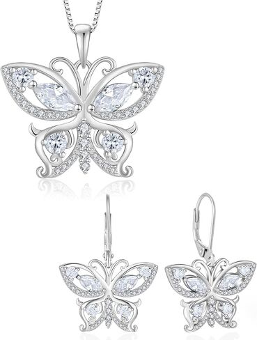 Butterfly Jewelry Set-925 Sterling Silver Pendant Necklace Butterfly Dangle Earrings with Birthstone Cubic Zirconia in Kuwait
