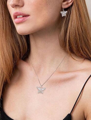 Butterfly Jewelry Set-925 Sterling Silver Pendant Necklace Butterfly Dangle Earrings with Birthstone Cubic Zirconia in Kuwait