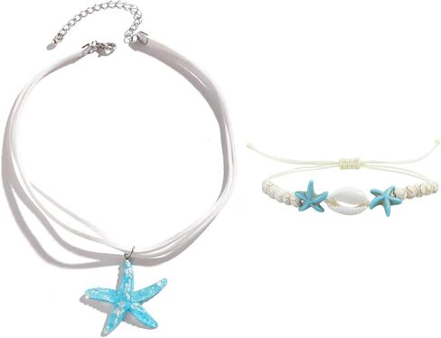 Boho Starfish Necklace Bracelet Set Seashell Necklace Bracelet Set Beach Summer Beach Jewelry Set for Women Girls in Saudi Arabia