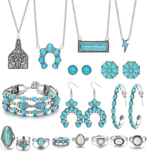 FINREZIO Western Jewelry For Women Turquoise Dangle Earrings Boho Bracelet Turquoise Knuckle Rings Bohemian Jewelry Set in Saudi Arabia