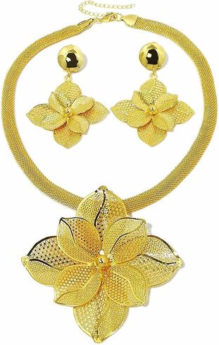 Luxury Women's Golden Big Hollow Flower Jewelry Sets Gold Plated Floral Filigree 3pcs Earrings Necklace Trendy Design Party Cocktail Prom Mothers Day Outfits Accessories Gifts in Saudi Arabia