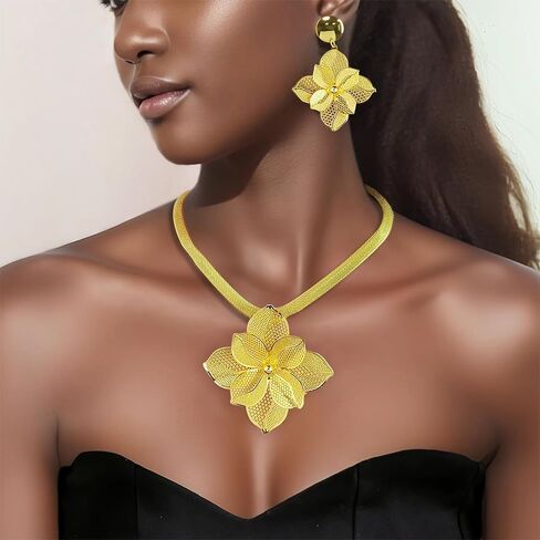 Luxury Women's Golden Big Hollow Flower Jewelry Sets Gold Plated Floral Filigree 3pcs Earrings Necklace Trendy Design Party Cocktail Prom Mothers Day Outfits Accessories Gifts in Saudi Arabia