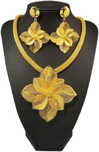 Luxury Women's Golden Big Hollow Flower Jewelry Sets Gold Plated Floral Filigree 3pcs Earrings Necklace Trendy Design Party Cocktail Prom Mothers Day Outfits Accessories Gifts in Saudi Arabia