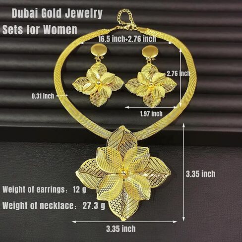 Luxury Women's Golden Big Hollow Flower Jewelry Sets Gold Plated Floral Filigree 3pcs Earrings Necklace Trendy Design Party Cocktail Prom Mothers Day Outfits Accessories Gifts in Saudi Arabia