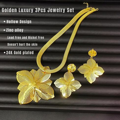 Luxury Women's Golden Big Hollow Flower Jewelry Sets Gold Plated Floral Filigree 3pcs Earrings Necklace Trendy Design Party Cocktail Prom Mothers Day Outfits Accessories Gifts in Saudi Arabia