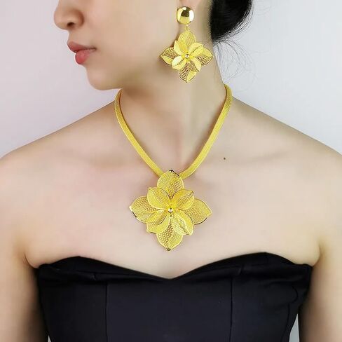 Luxury Women's Golden Big Hollow Flower Jewelry Sets Gold Plated Floral Filigree 3pcs Earrings Necklace Trendy Design Party Cocktail Prom Mothers Day Outfits Accessories Gifts in Saudi Arabia