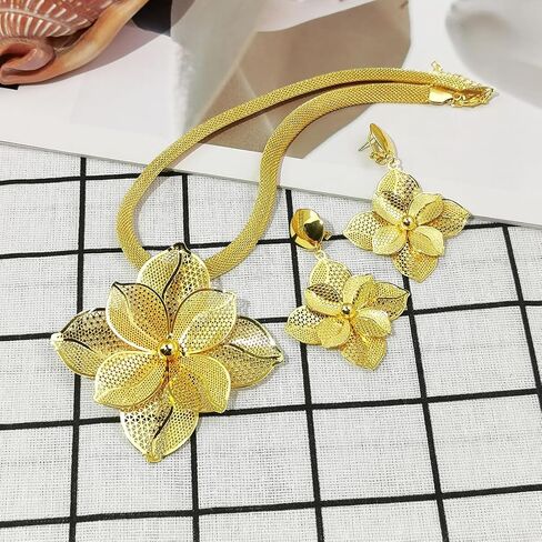 Luxury Women's Golden Big Hollow Flower Jewelry Sets Gold Plated Floral Filigree 3pcs Earrings Necklace Trendy Design Party Cocktail Prom Mothers Day Outfits Accessories Gifts in Saudi Arabia