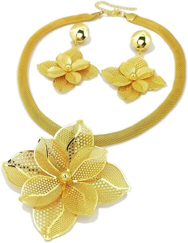 Luxury Women's Golden Big Hollow Flower Jewelry Sets Gold Plated Floral Filigree 3pcs Earrings Necklace Trendy Design Party Cocktail Prom Mothers Day Outfits Accessories Gifts in Saudi Arabia