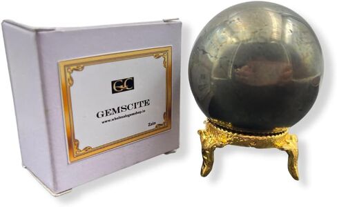 Pyrite Natural 50-55 mm Gemstone Ball Sphere + Stand Hand Carved Crystal Altar Healing Devotional Focus Spiritual Chakra Cleansing Metaphysical Gift Men Women from India in Kuwait