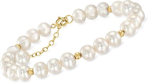 Ross-Simons 6.5-7mm Cultured Pearl and 14kt Yellow Gold Bead Station Bracelet. 7 inches in Saudi Arabia
