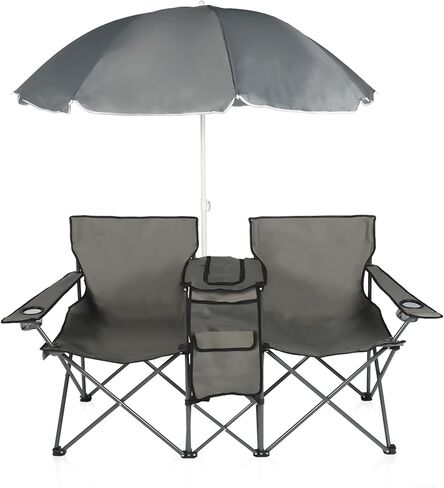 Folding Double Camping Chair with Umbrella Portable Picnic Chair | Loveseat Camping Chair for Outdoor, with 2 Cup Holders & Cooler Bag, with Side Pocket & Carry Bag, 61"L x 22"W x 70"H, Grey in Saudi Arabia