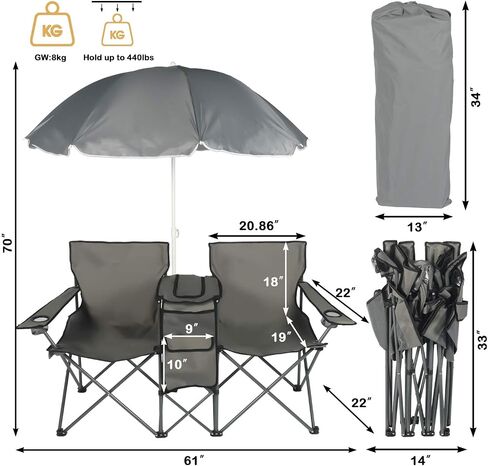 Folding Double Camping Chair with Umbrella Portable Picnic Chair | Loveseat Camping Chair for Outdoor, with 2 Cup Holders & Cooler Bag, with Side Pocket & Carry Bag, 61"L x 22"W x 70"H, Grey in Saudi Arabia