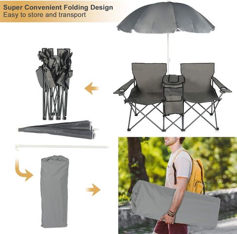 Folding Double Camping Chair with Umbrella Portable Picnic Chair | Loveseat Camping Chair for Outdoor, with 2 Cup Holders & Cooler Bag, with Side Pocket & Carry Bag, 61"L x 22"W x 70"H, Grey in Saudi Arabia