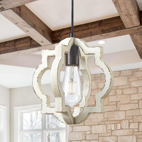 Farmhouse Pendant Lights Fixtures,Rustic Wood White Chandelier Hanging Pendant Lighting,1-Light Vintage Chandelier for Kitchen Island Foyer Hallway Bar Dining Room Restaurant in Saudi Arabia