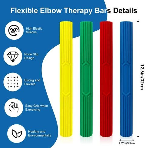 4Pack Resistance Bar for Physical Therapy, Tennis Elbow Therapy Bar, Flexible Elbow Therapy Bars, Relieve Tendonitis Pain and Improve Grip Strength for Injury Recovery in Kuwait