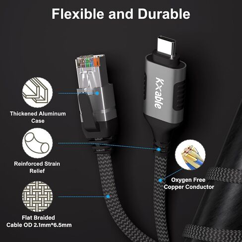 كابل USB مسطح إلى إيثرنت بطول 20 قدمًا، سلك رفيع USB 3.0 A إلى RJ45، متصل مباشرة، ألومنيوم، مضفر، OFC، كابل شبكة USB إلى RJ45 Gigabit LAN لأجهزة الكمبيوتر المحمول والكمبيوتر الشخصي والمحول والمزيد، OD: 0.8 بوصة × 0.25 بوصة in Kuwait