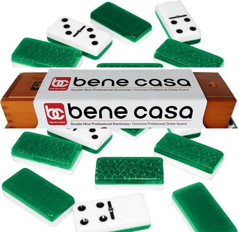 Bene Casa - Green Double Nine High Gloss Dominoes Set - Includes 55 Dominoes - Comes in a Natural Wooden Storage Box with Walnut Finish in Saudi Arabia