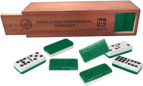 Bene Casa - Green Double Nine High Gloss Dominoes Set - Includes 55 Dominoes - Comes in a Natural Wooden Storage Box with Walnut Finish in Saudi Arabia