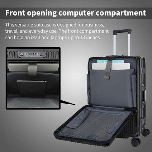 YUNASAY Front Compartment Aluminum Frame Carry on Luggage 22x14x9 Airline Approved,Usb Port, and TSA Lock, PC+ ABS suitcases with wheels(Gray, 20 inch) in Saudi Arabia
