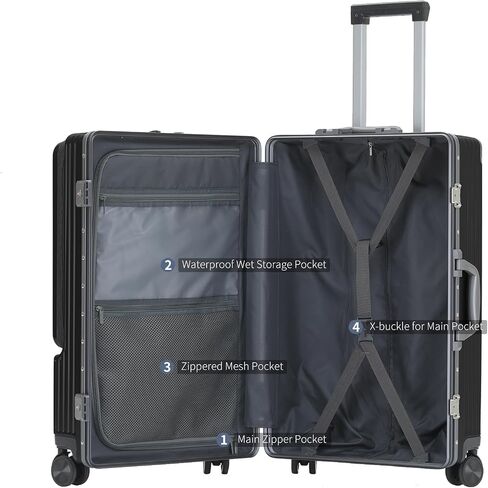 YUNASAY Front Compartment Aluminum Frame Carry on Luggage 22x14x9 Airline Approved,Usb Port, and TSA Lock, PC+ ABS suitcases with wheels(Gray, 20 inch) in Saudi Arabia