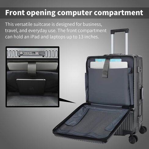 YUNASAY Front Compartment Aluminum Frame Carry on Luggage 22x14x9 Airline Approved,Usb Port, and TSA Lock, PC+ ABS suitcases with wheels(Gray, 20 inch) in Saudi Arabia