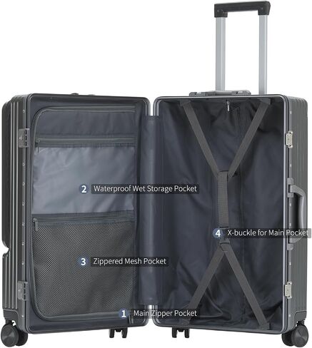 YUNASAY Front Compartment Aluminum Frame Carry on Luggage 22x14x9 Airline Approved,Usb Port, and TSA Lock, PC+ ABS suitcases with wheels(Gray, 20 inch) in Saudi Arabia