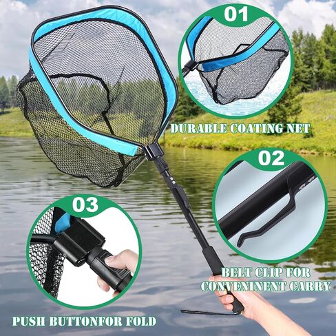 Folding Fishing Net Landing Net with Telescopic Aluminum Pole Handle Rubber Coated Net for Freshwater Saltwater Fly, Trout, Bass in Saudi Arabia
