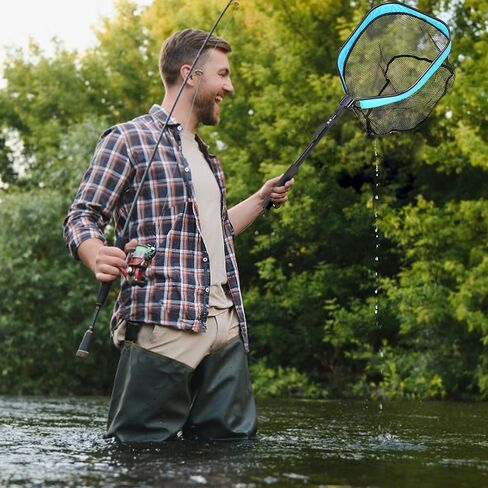 Folding Fishing Net Landing Net with Telescopic Aluminum Pole Handle Rubber Coated Net for Freshwater Saltwater Fly, Trout, Bass in Saudi Arabia