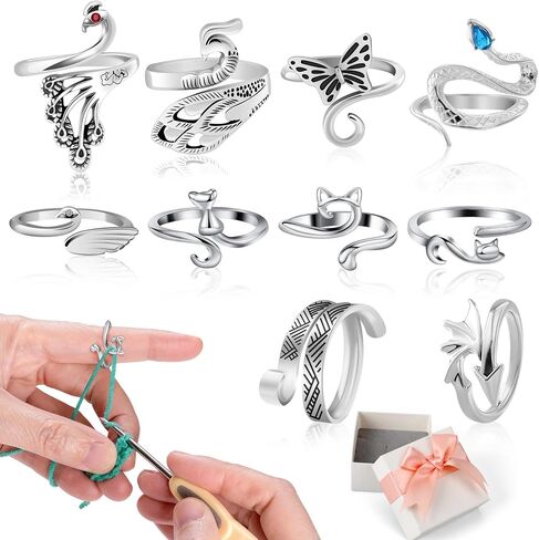 JULBEAR 10 Pcs Crochet Rings, Adjustable Crochet Tension Ring Cute Animal Crochet Ring for Finger Yarn Ring Knitting Crocheting Release Finger Pain and Faster Knitting Crochet Accessories in Kuwait