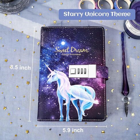 CAGIE Diary with Lock for Girls 224 Pages Unicorn Lock journal for Women with Star Pattern Paper, Purple Edge Starry Secret Diary for Women, 5.9" x 8.5", White Unicorn in Saudi Arabia