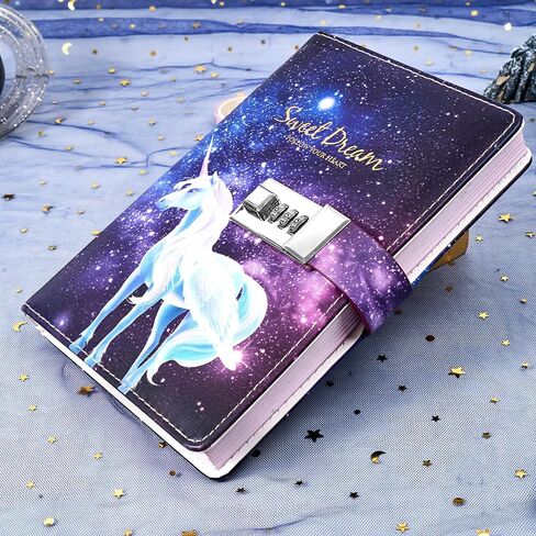 CAGIE Diary with Lock for Girls 224 Pages Unicorn Lock journal for Women with Star Pattern Paper, Purple Edge Starry Secret Diary for Women, 5.9" x 8.5", White Unicorn in Saudi Arabia