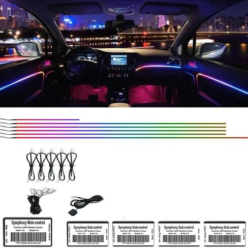 شريط إضاءة LED داخلي للسيارة من الأكريليك للتحكم في التطبيق، لون RGB Symphony 10 في 1 مع 175 بوصة 570 مصباح LED من الألياف البصرية، 16 مليون لون، وظيفة صوتية نشطة، أضواء نيون للسيارة in Kuwait