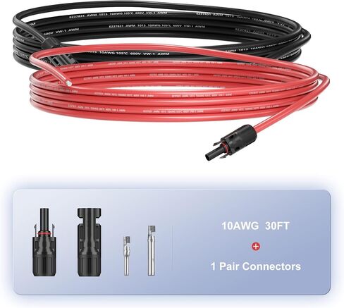 5 Feet 10AWG(6mm²) Solar Panel Wire, 10 Gauge 5FT Black & 5FT Red Tinned Copper Extension Cable Kits with Female and Male Connector for RV Home Boat and Any Other Off-Grid Applications in Saudi Arabia