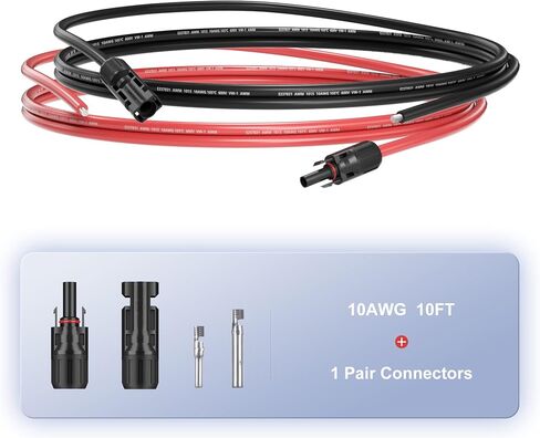 5 Feet 10AWG(6mm²) Solar Panel Wire, 10 Gauge 5FT Black & 5FT Red Tinned Copper Extension Cable Kits with Female and Male Connector for RV Home Boat and Any Other Off-Grid Applications in Saudi Arabia