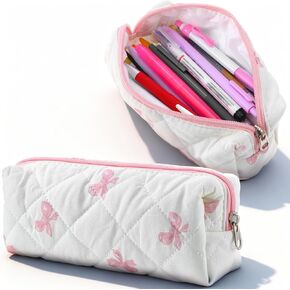 Preppy Pencil Case, Pencil Case Pink Cotton Pouch with Bow Design, Aesthetic Storage Bag for School, Office Makeup, Gift for Women(White) in Kuwait