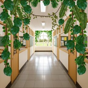 AerWo Jungle Party Decorations, 2Pcs 10FT Bendable Artificial Tree Fake Vine 60 Tropical Palm Leaves 12 Fakes Ivy Vines, Fake Leaves Vine for Bedroom Indoor Forest Jungle Luau Party Decorations in Kuwait