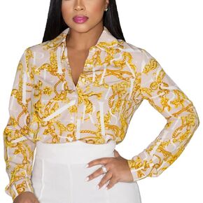 PINSV Women's Printed Button Down Shirt Long Sleeve Lapel Dressy Casual Work Blouse in Kuwait