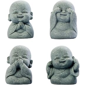 4-in-1 Laughing Buddha Statue Decor Set Small Zen Monk Sandstone Buddha Sculpture Feng Shui Ornaments for Outdoor Gardens & Indoor Meditation Rooms,Micro Landscape Decor Fish Tank Aquarium Decoration in Kuwait