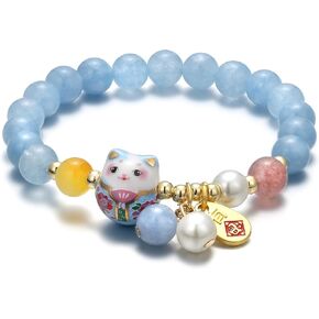 سوار SOOWOOT Feng shui - سوار القطة المحظوظة مع قلادة من الكريستال الأزرق والسيراميك - مجوهرات الحظ السعيد للنساء من Feng shui، تجذب الثروة وتوفر الطاقة الواقية in Kuwait