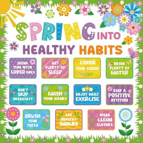 Spring Bulletin Board Decorations Healthy Habits Poster Spring Flower Cutouts with Butterfly and Plants for School Office Home Chalkboard Wall Door Decor in Kuwait